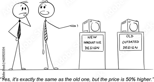 Managers Talking About Product Innovation, Vector Gag Cartoon Stick Figure Illustration