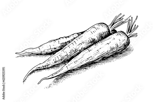 Carrot with tops. Engraving sketch hand drawn vector illustration.
