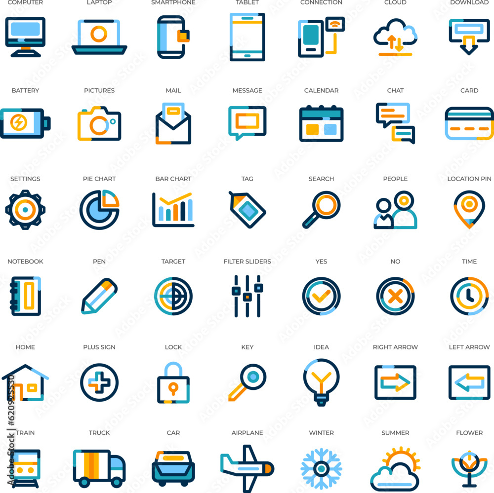 Set of 42 different colorful web icons with labels in modern style Set of 42 different colorful web icons with labels in modern style