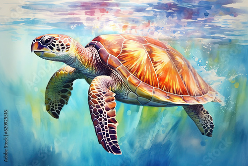 Large sea turtle swims under sea surface in transparent water close up. Side view. Horizontal format.