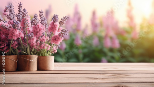 floral background with flower pots with pink flowers in garden