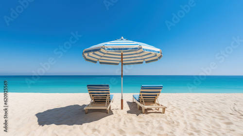 chair decks with parasol umbrellas on beach. summer and vacation