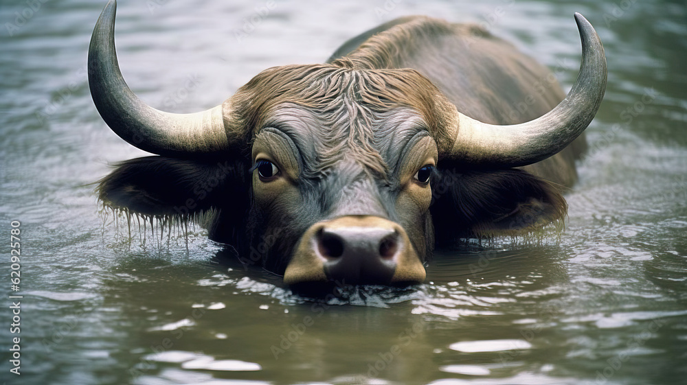 bull with horns on river water or flood