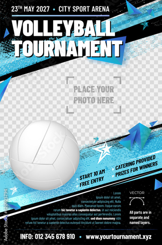 Volleyball tournament poster template with ball and place for photo