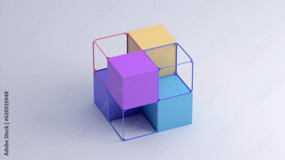 Abstract 3d animation, colorful geometric composition with cubes, 4k seamless looped video
