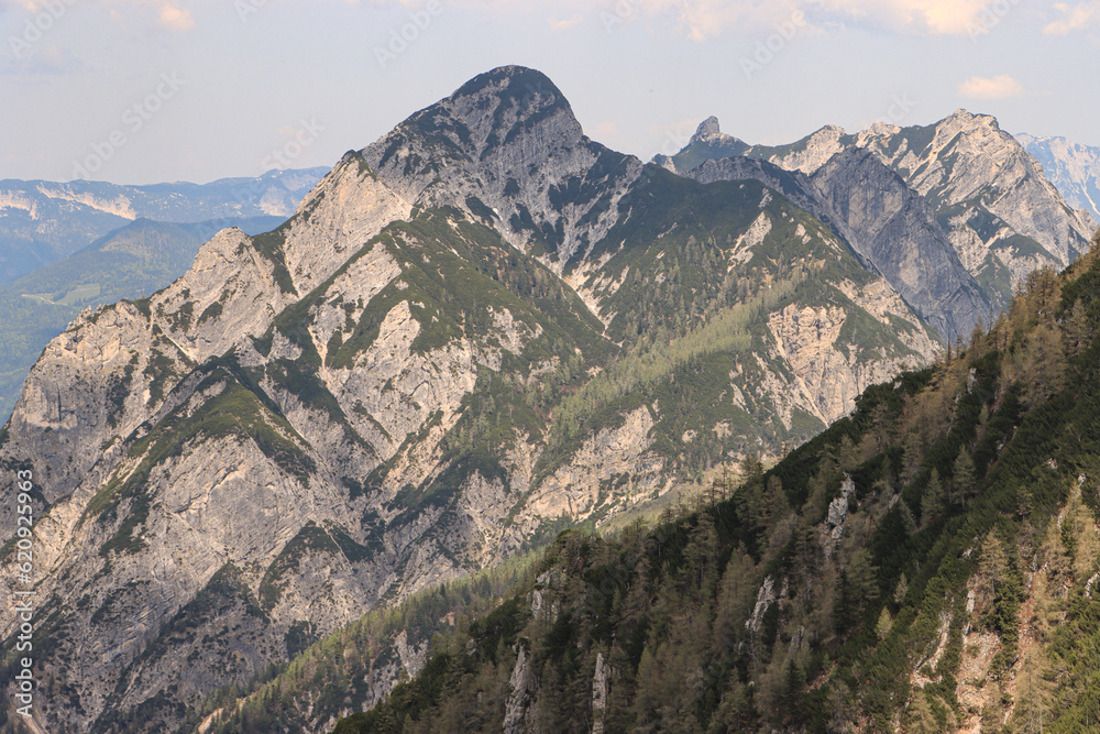 Naklejka premium Wanderziel im Fokus; Blick vom Braunedl zum Rinnkogel (1823m, Salzkammergut-Berge)