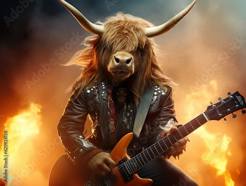 Kuh mit langen Hörnern spiel E-Gitarre in einer Rpckband