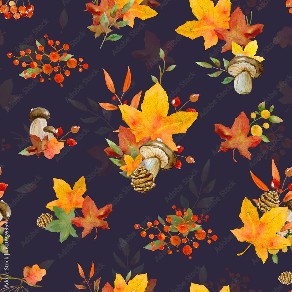 Watercolor seamless autumn pattern - bouquets of leaves, berries and mushrooms. Dark background.