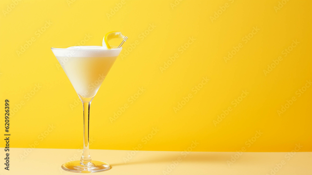 White Lady Cocktail on colorful background. Copy Space on the side. Generative AI. White Lady Cocktail on colorful background. Copy Space on the side. Generative AI.