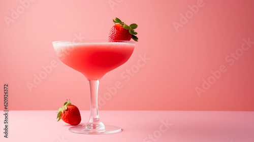 Strawberry daiquiri Cocktail on colorful background. Copy Space on the side. Generative AI. photo
