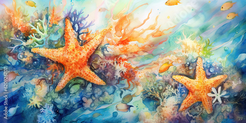 Watercolor painting of sea depth with starfishes, color corals, little fishes. Close up. © SeNata