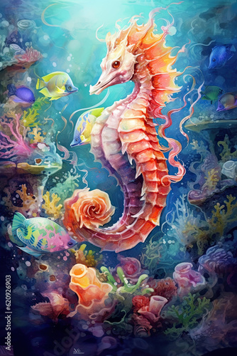 Watercolor painting of seahorse in sea depth among multicolored corals and fish. Generated AI. © SeNata