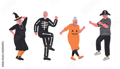 Halloween party. Elderly people in Halloween costumes are dancing and having fun. Positive active seniors. Vector illustration