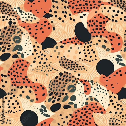 Orange leopard jaguar fur texture repeating seamless pattern. AI illustration. Modern panther animal fabric textile print design. .