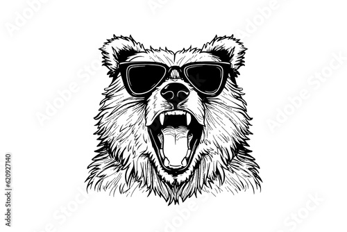 Bear head in glasses logotype vector engraving style illustration