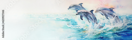 Picture with watercolor of three dolphins swimming and jumping above turquoise sea water.