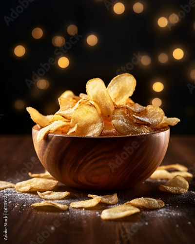 Potato chips in a wooden bowl on a dark background