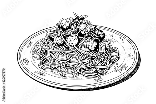 Italian pasta. Spaghetti on a plate, fork with spaghetti Vector engraving style illustration