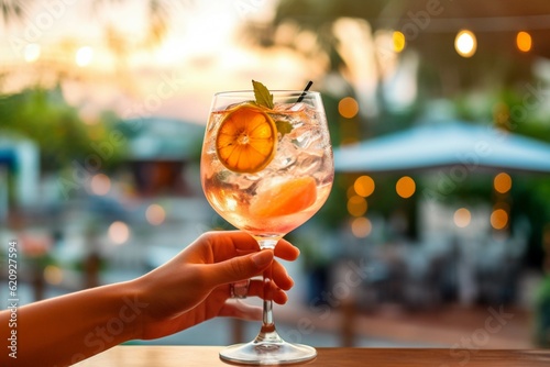 Alcoholic cocktail drink with orange and mint in female hand on blurred background with bokeh
