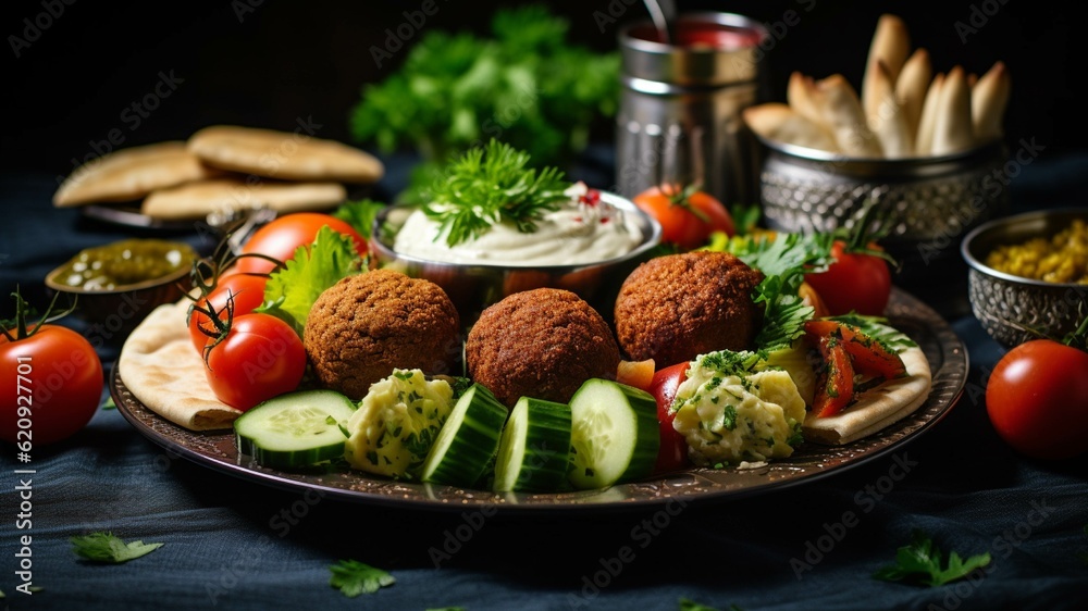 Falafel with hummus and vegetables on a dark background Falafel with hummus and vegetables on a dark background