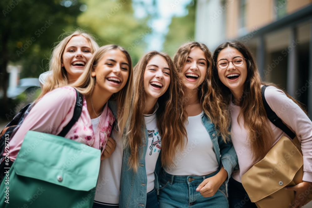 A group of classmates friends, bags on their shoulders, sharing excitement and anticipation before a class presentation Generative AI