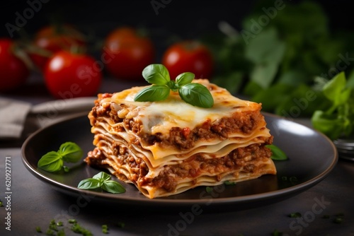 Cheesy Lasagna Bolognese with Tomato Sauce. Generative AI