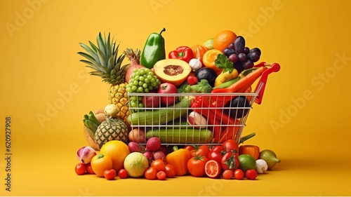 Shopping cart full of fresh vegetables on yellow background. Healthy food concept