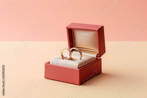 A square red box with two engagement rings on padded pad. Isolated on flat beige background with copy space. Jewelry, wedding rings. Generative AI photo.