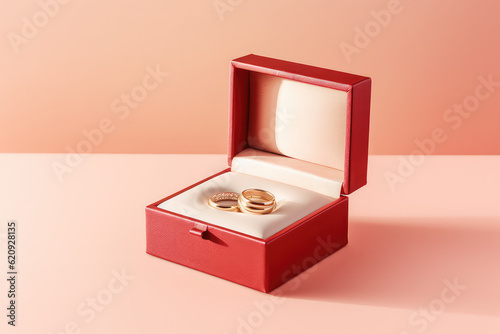 A square red box with two engagement rings on padded pad. Isolated on flat beige background with copy space. Jewelry, wedding rings. Generative AI photo. © dinastya