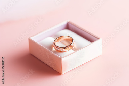 A square red box with one engagement ring on a white padded pad. Isolated on flat white background with copy space. Jewelry, wedding rings. Generative AI photo. © dinastya