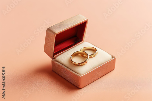 A square beige box with two gold engagement rings on a white padded pad. Isolated on flat orange background with copy space. Jewelry, wedding rings. Generative AI photo.