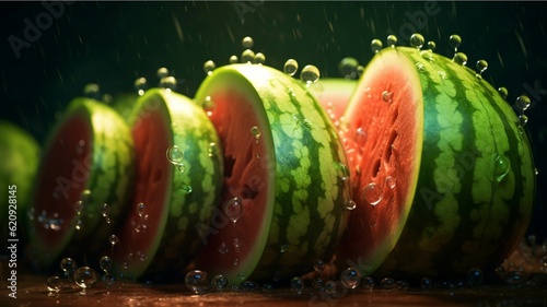 Watermelon slices with splashes of water on a dark background. photo