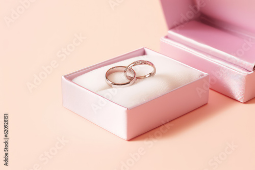 Square pink box with two gold engagement rings on a white padded pad. Isolated on flat pink background with copy space. Jewelry, wedding rings. Generative AI photo.