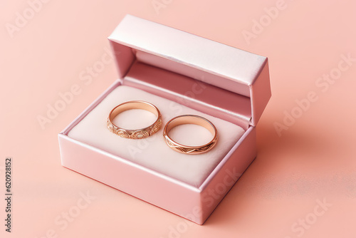 Square pink box with two gold engagement rings on a white padded pad. Isolated on flat pink background with copy space. Jewelry, wedding rings. Generative AI photo.