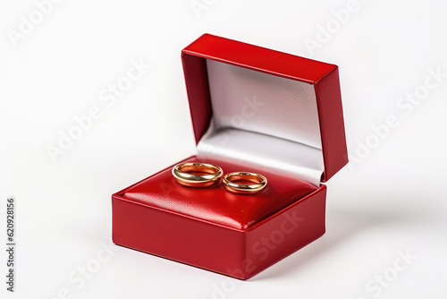 A square red box with engagement rings on a white padded pad. Isolated on flat white background with copy space. Jewelry, wedding rings. Generative AI photo.