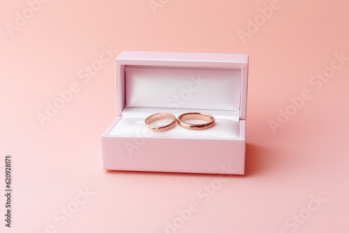 Square pink box with two gold engagement rings on a white padded pad. Isolated on flat pink background with copy space. Jewelry, wedding rings. Generative AI photo.