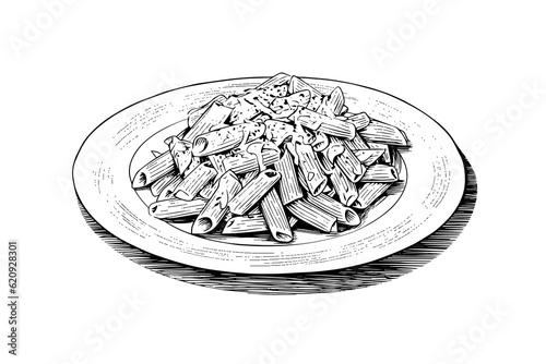 Italian pasta. Spaghetti on a plate, fork with spaghetti Vector engraving style illustration