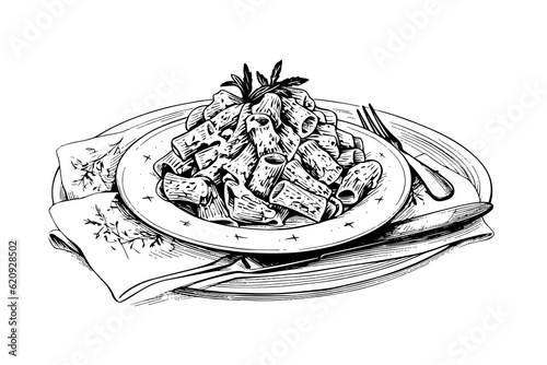 Italian pasta. Spaghetti on a plate, fork with spaghetti Vector engraving style illustration