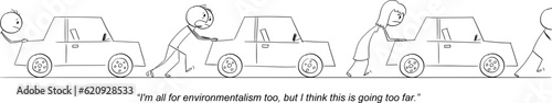 People pushing petrol car and talking about climate , Vector Gag Cartoon Stick Figure Illustration