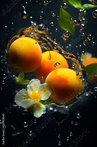 Ripe yellow apricots on a dark background with water drops