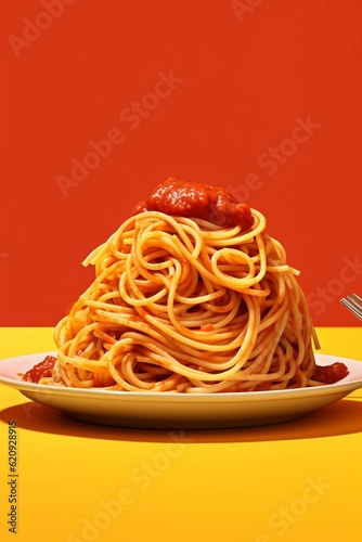 Spaghetti with tomato sauce on a red plate on a red background