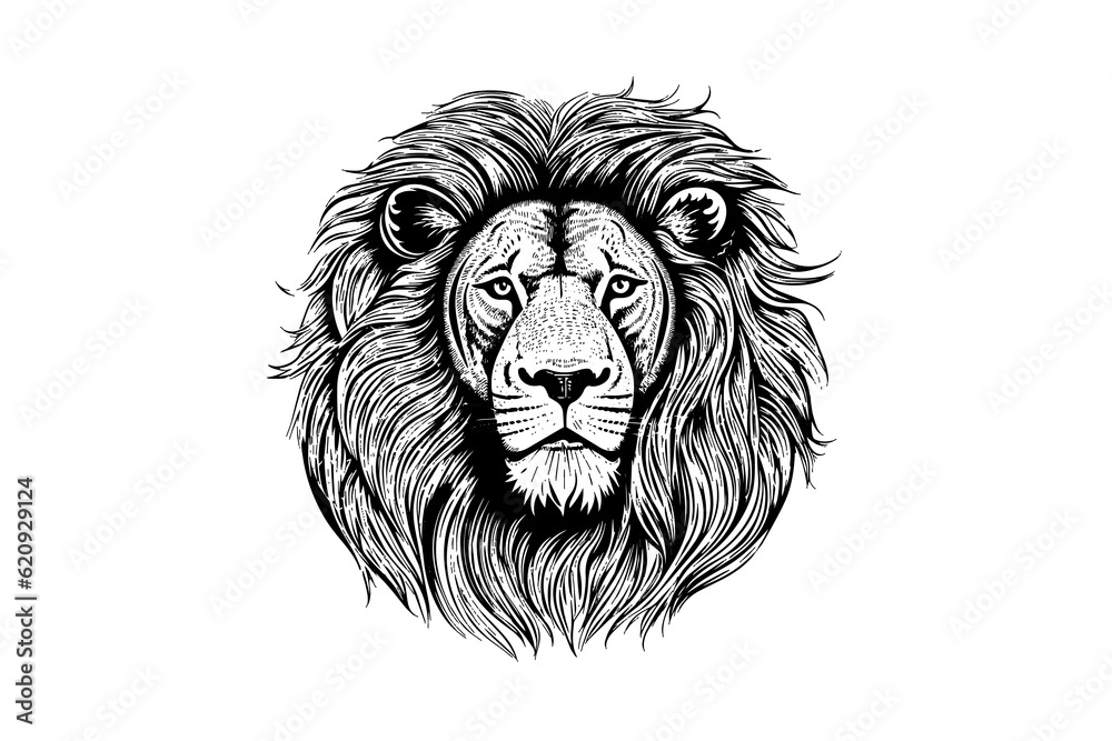 Fototapeta premium The lion head hand draw vintage engraving black and white vector illustration on a white background