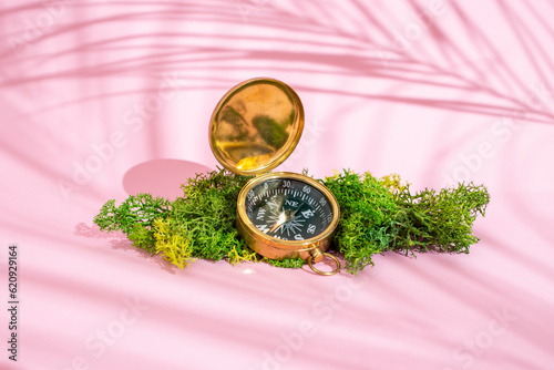 Golden compass on green lichen with pink background and palm leaves shadows, travel concept