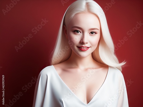 Young albino girl on red background. Generative AI