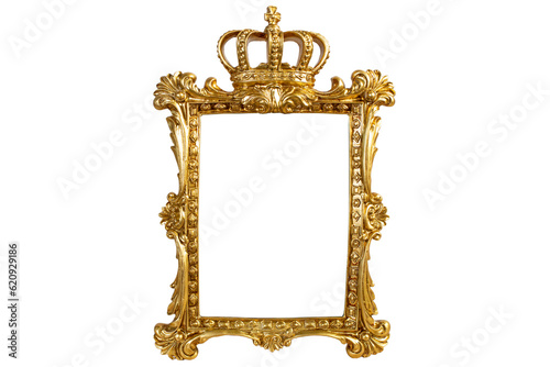 Carved gilden frame with a king crown, isolated on white background photo