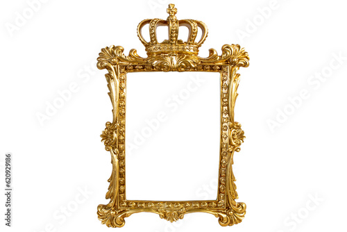 Carved gilden frame with a king crown, isolated on white background