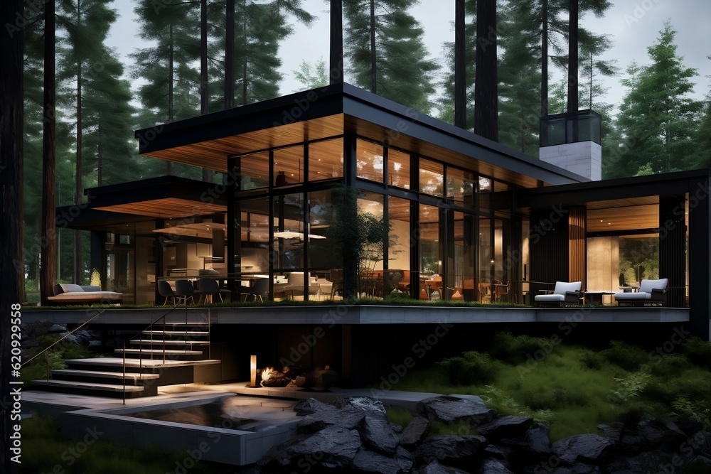 Contemporary Forest Home. Generative AI