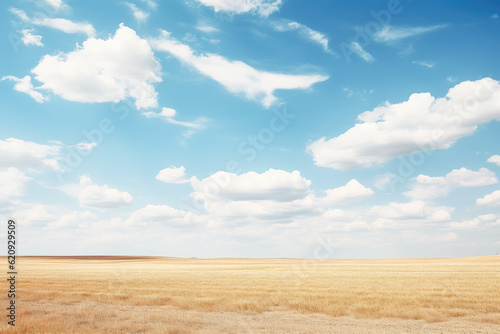 Blue sky over flat empty deserted background landscape. Empty field with blue sky.