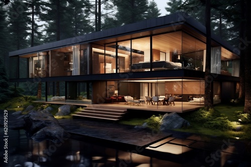 Contemporary Forest Home. Generative AI