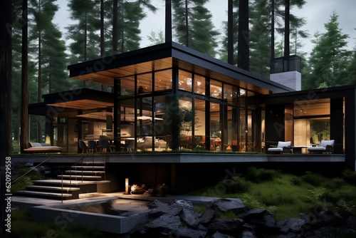 Contemporary Forest Home. Generative AI © Haider